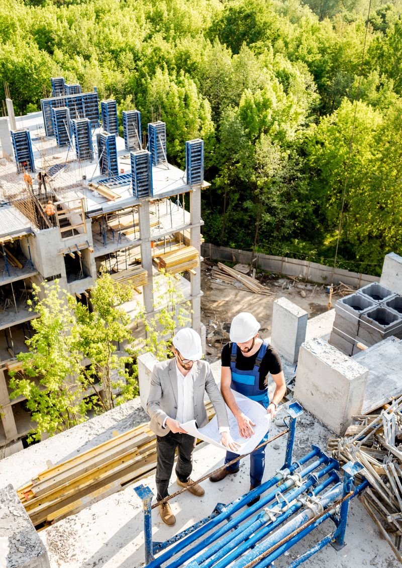 مهندسان يراجعان المخططات في موقع إنشاء